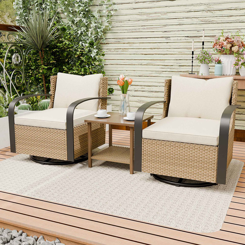 3-Pieces 2-Person Patio Swivel Wicker Seating Group with Cushions, Beige