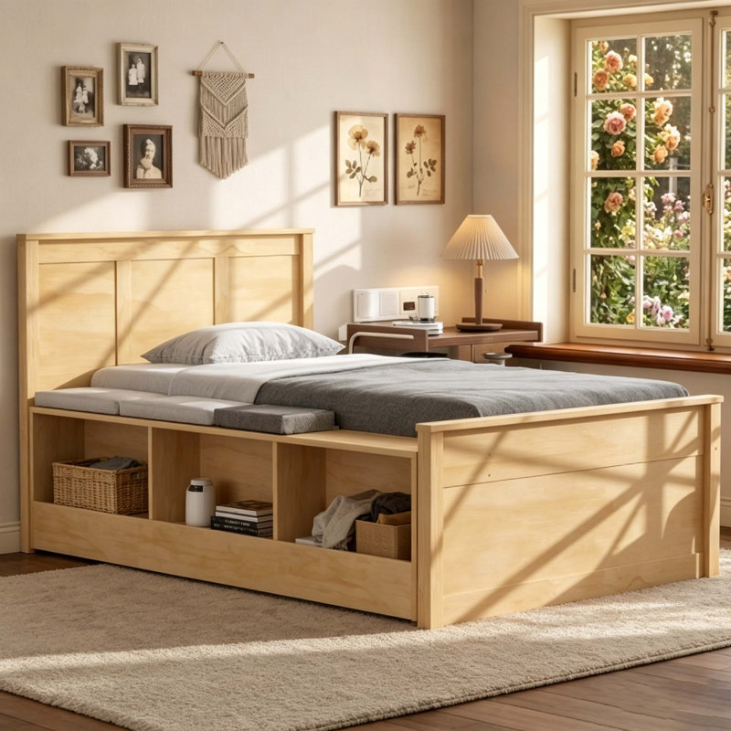 Lit plateforme simple en bois naturel avec lit gigogne et banc de rangement, aucun sommier tapissier requis, Lit simple