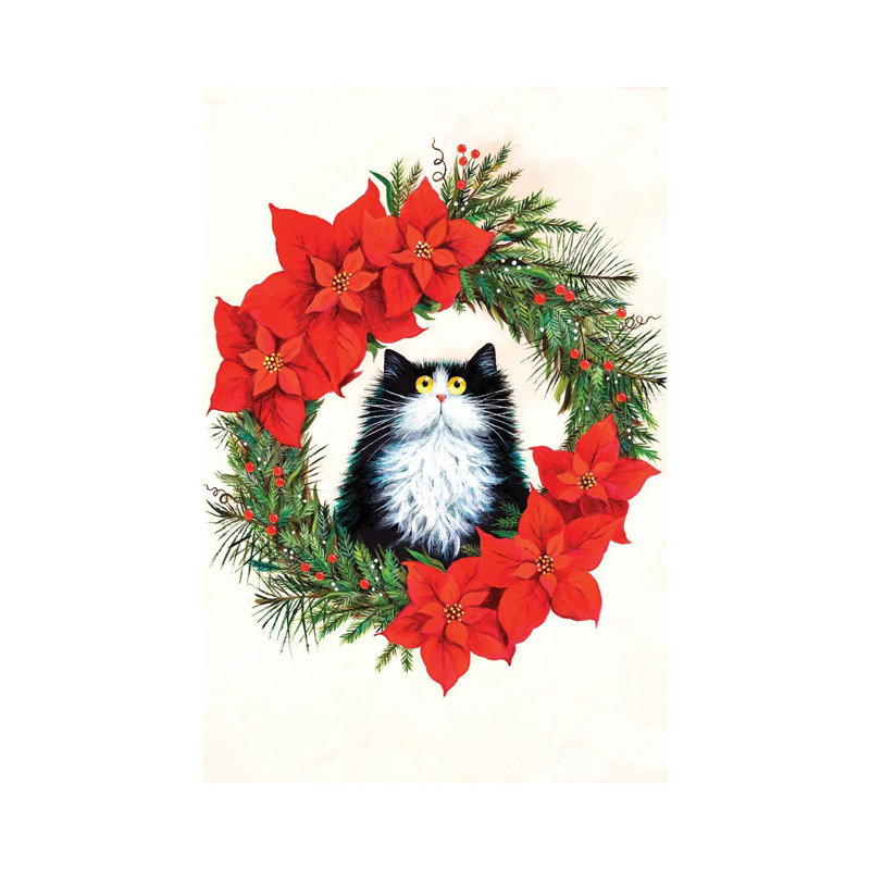 Black And White Cat In Poinsettia Wreath by Kim Haskins - Print on Canvas, Wrapped Canvas, 20.32 cm H x 30.48 cm W