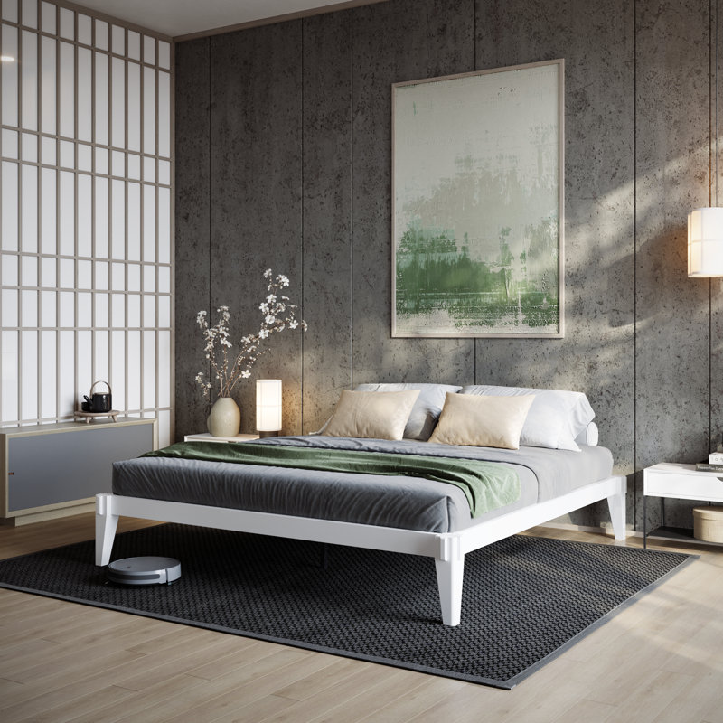 Jamerian Solid Wood Platform Bed Frame Without Headboard, Modern Bed, King, Ivory White