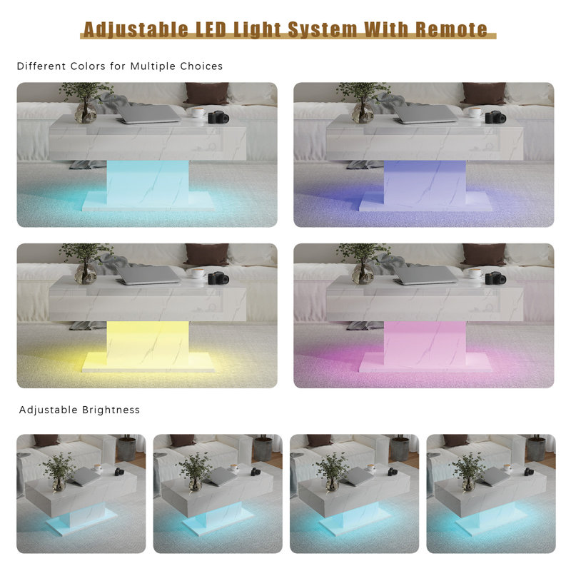 2 Drawers Rectangle High Gloss Coffee Table with LED, White Marble
