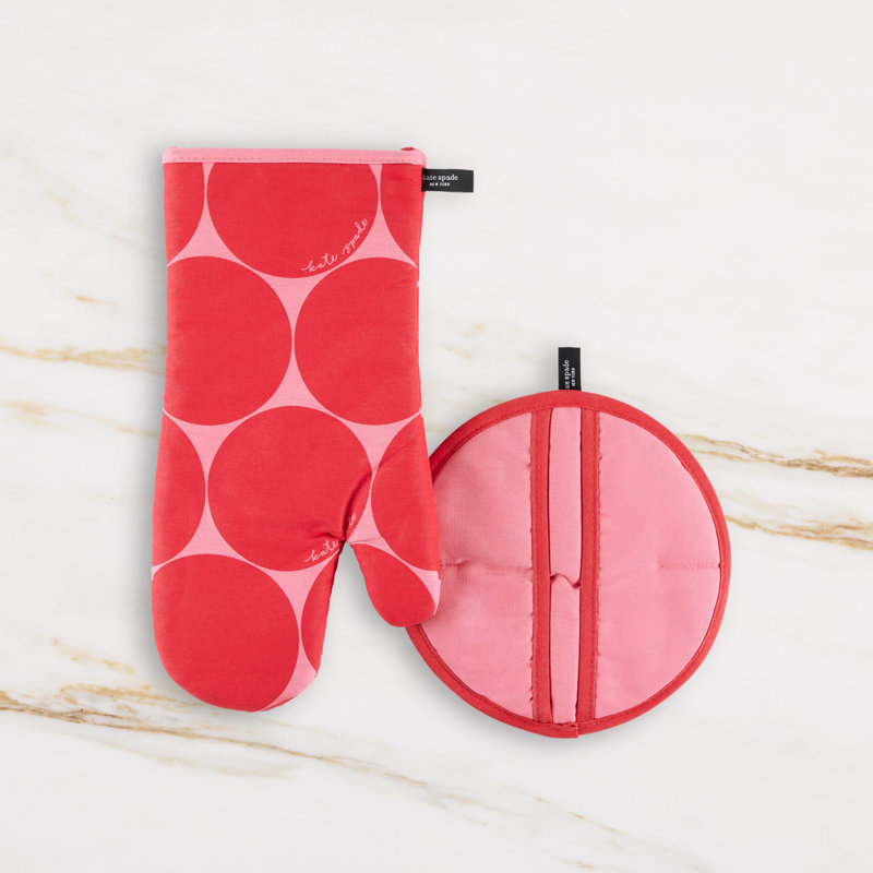 Kate Spade New York Oven Mitt & Pot Grabber 2 Piece Set, Heat Resistant 100% Cotton, Red/Rose Pink