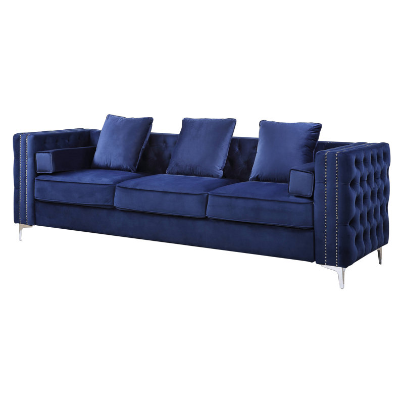 Canapé en velours Patrycja avec 5 coussins, Velours bleu, H 32,5 po x l 102 po x P 31,4 po