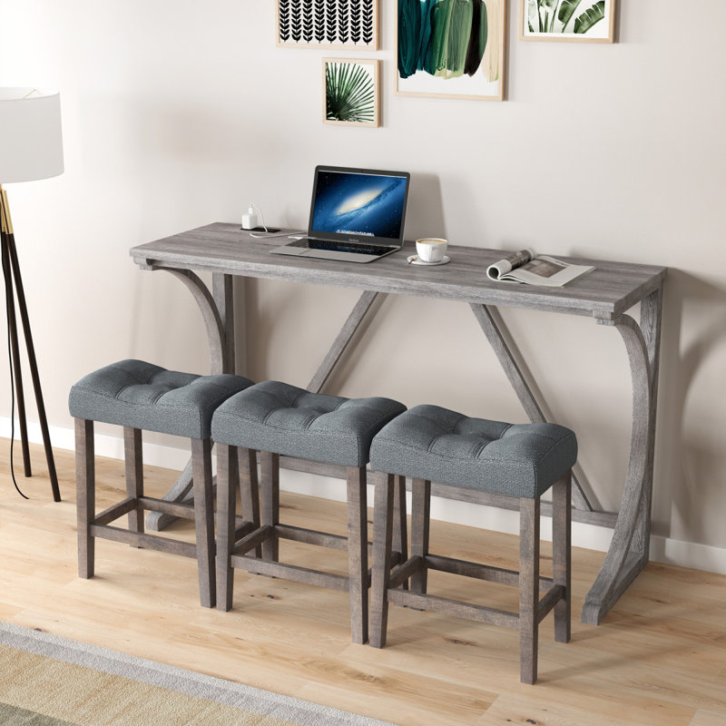 Ensemble de table de bar avec prise de courant, ensemble de table de bar et de chaises, ensemble de table de salle à manger 4 pièces, ensemble de table de petit déjeuner industriel, pour salon, salle à manger, salle de jeux