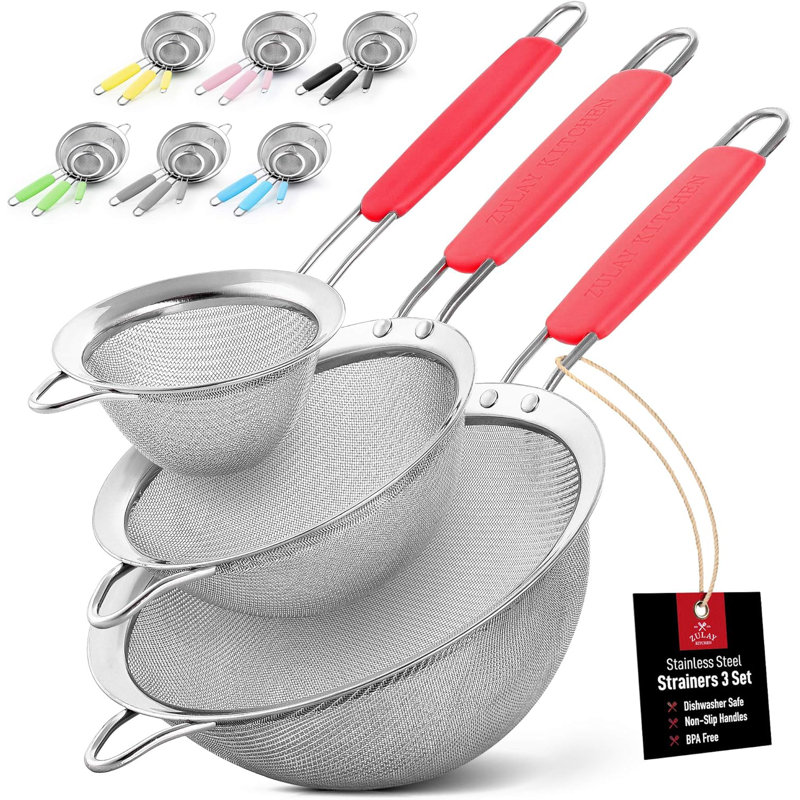 Zulay Kitchen Premium Stainless Steel Fine Mesh Strainer Set - Red, Red