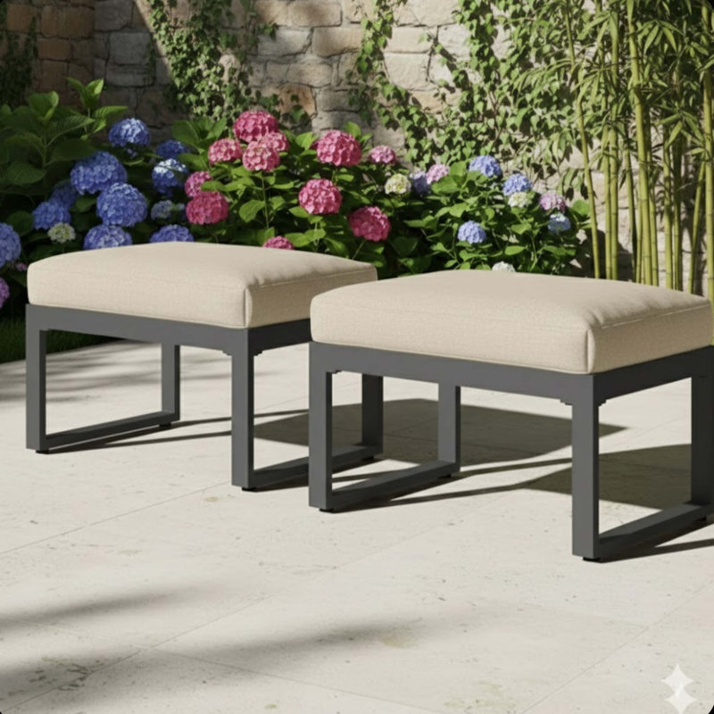 Ensemble de 2 repose-pieds de patio en aluminium toutes saisons de 26 po avec coussins beiges épais avec cadre noir, Beige