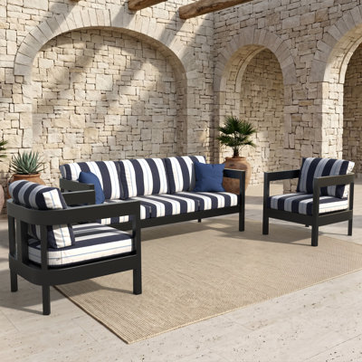 Ensemble canapé et fauteuil d'extérieur moderne 3 pièces à dossier arrondi avec coussins Sunbrella