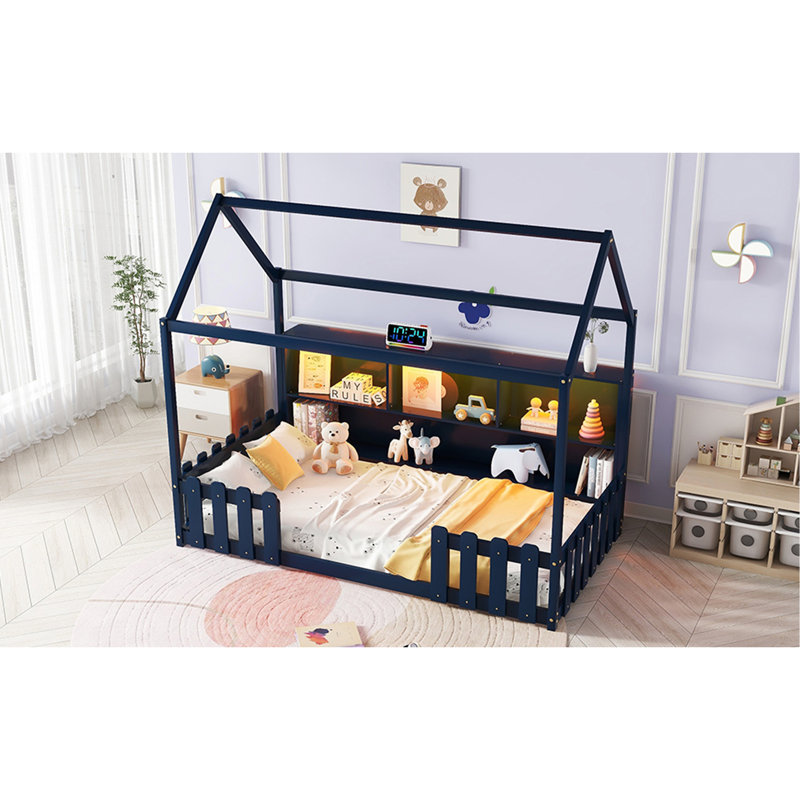 Twin Size House Bed With LED Light, Wood House Bed With Storage Bookshelf, Floor House Bed With Guardrails For Kids, Navy Blue