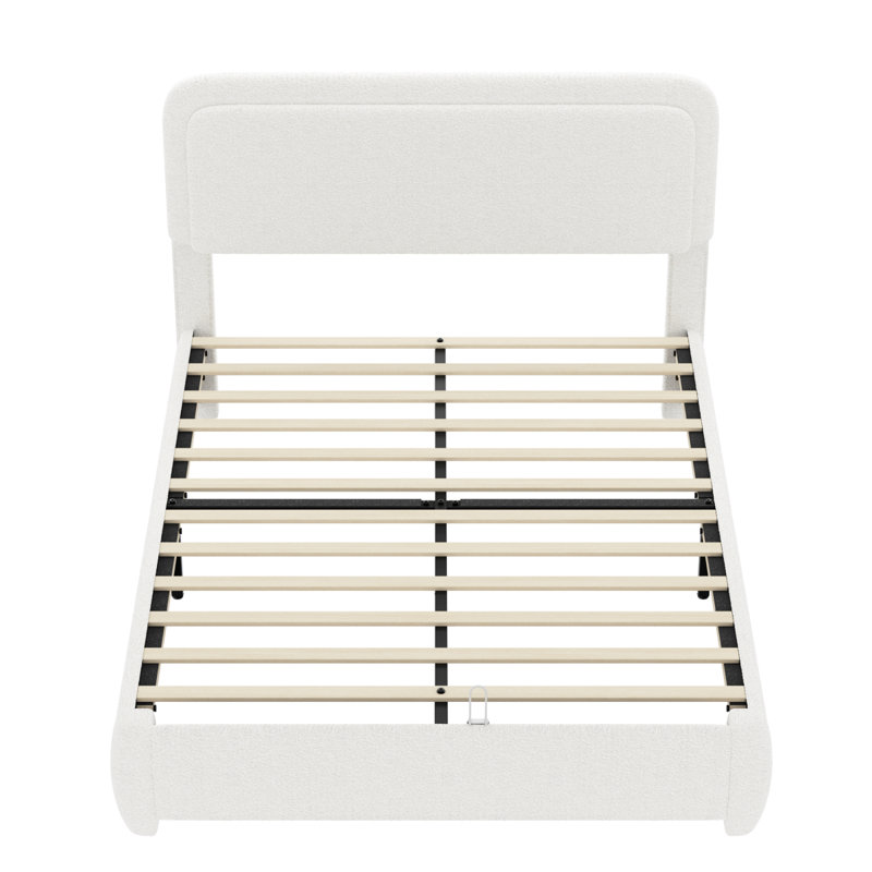 Structure de lit grand Boucle avec tête de lit à hauteur réglable, lit plateforme moderne avec tête de lit courbée, lit plateforme élégant en tissu bas Boucle, pas de sommier nécessaire, assemblage facile, blanc