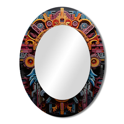 Teal Orange Mexico Vibrant Aztec Mask - Traditional Oval Wall Mirror
