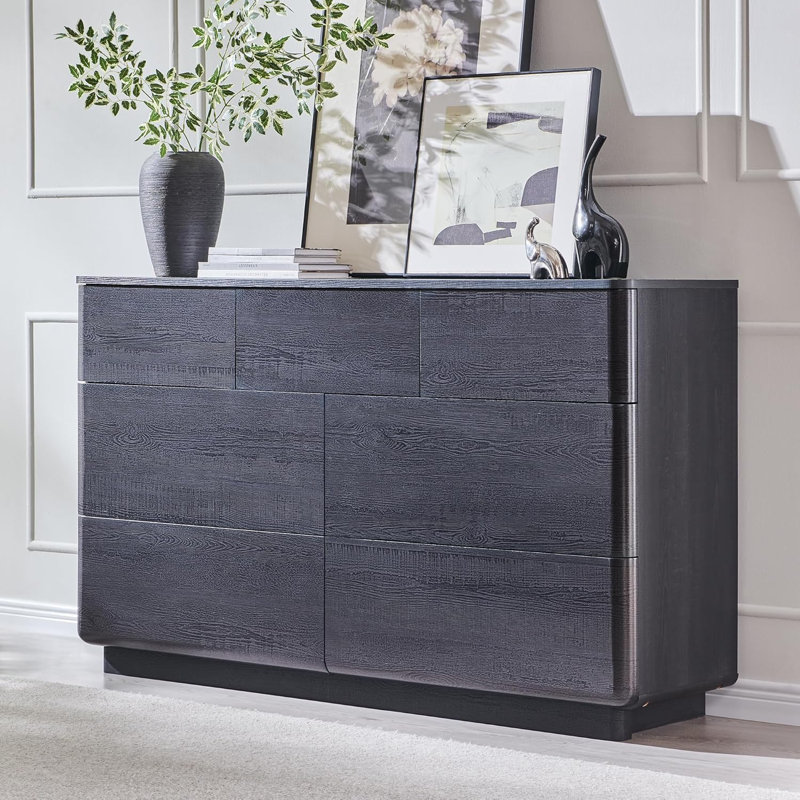 Commode à 7 tiroirs de 52 po de largeur, commode en bois sans poignée pour chambre à coucher, Noir