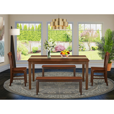Ensemble de 5 pièces pour coin-repas pour 4 personnes comprenant une table de salle à manger rectangulaire et 2 chaises de salle à manger avec 2 bancs, 36 x 60 pouces, acajou