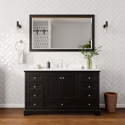 Ensemble de meuble-lavabo simple 60 po Deborah en espresso foncé, comptoir en marbre de culture blanc, lavabo carré encastré (3 trous), garniture en chrome poli, miroir de 58 po