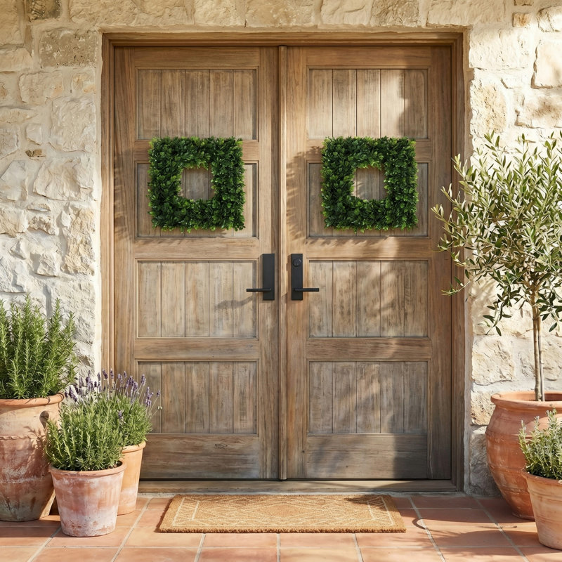 Pure Garden Set of 2 Wreaths - 16.5-Inch Square Artificial Boxwood Spring, Summer, Winter, or Fall Decorations , 2