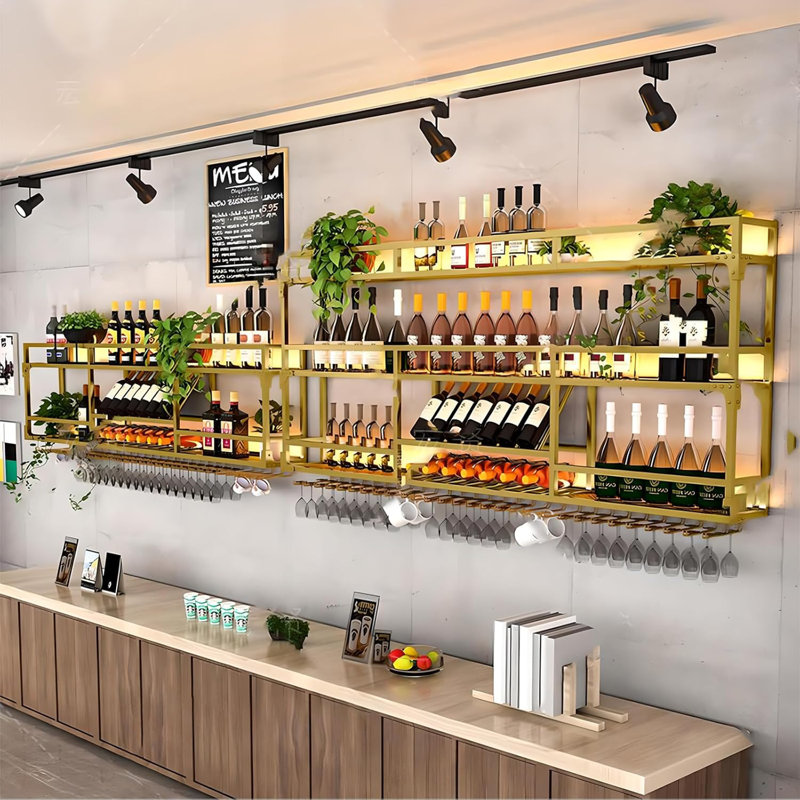 Support à vin mural en métal de 47 pouces avec éclairage à DEL - Support de rangement de vin à 3 niveaux avec support en verre - Présentoir à bouteilles peu encombrant