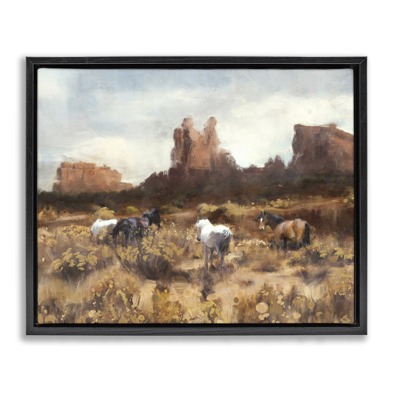 «Desert Horses Landscape», art mural encadré flottant gris par Nina Blue, Cadre flottant noir de jais, H 17 po x l 21 po