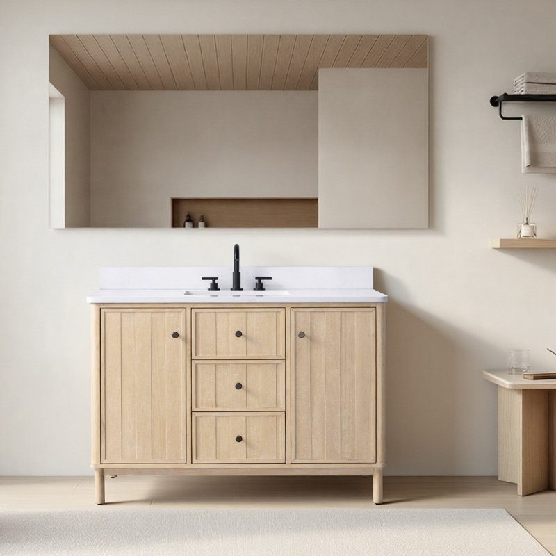 Meuble-lavabo autoportant à simple cuve 48 po avec plateau en pierre reconstituée, centrale électrique cachée, support de chargement USB et support pour sèche-cheveux Lugan 