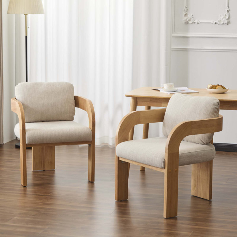 Ensemble de 2 chaises de salle à manger avec dossier coussiné, Tissu beige, Naturel