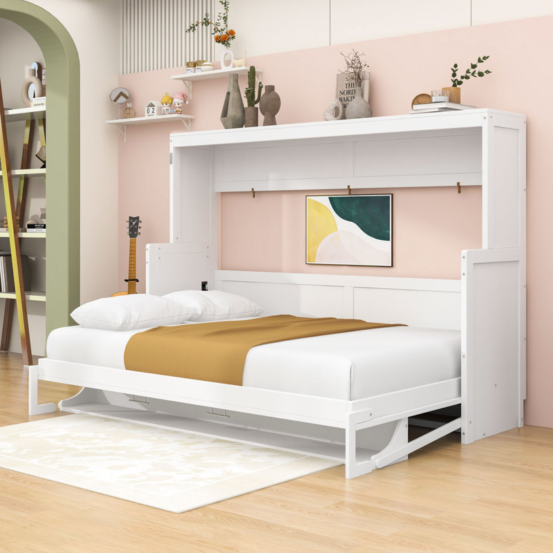 Wooden Murphy Bed with Folding Desk and Built-in Storage for Small Spaces, Full, White