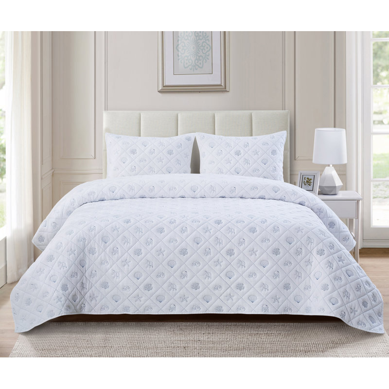  Marine Sea Life Coastal Quilt Set, Queen Quilt + 2 Standard Shams