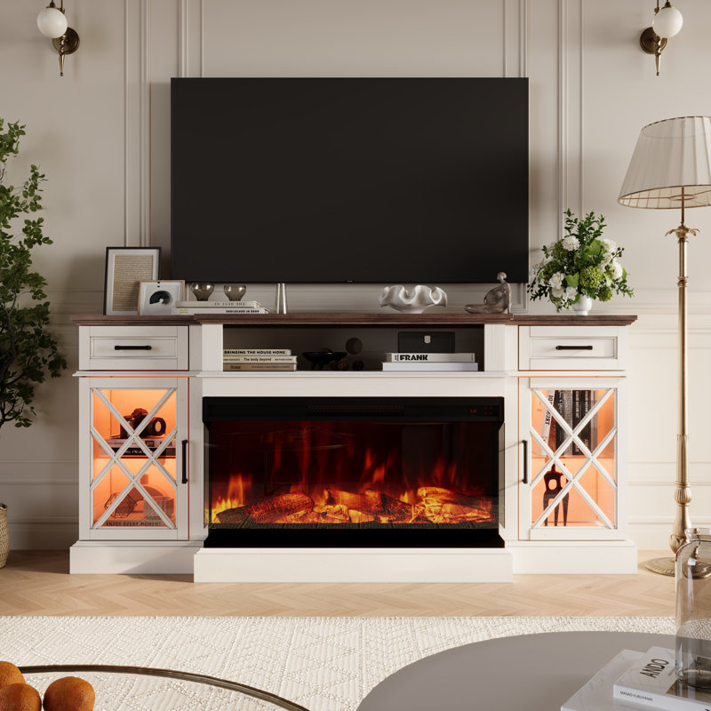 70''W Farmhouse Fireplace TV Stand for TVs up to 80", Electric Fireplace Included, White