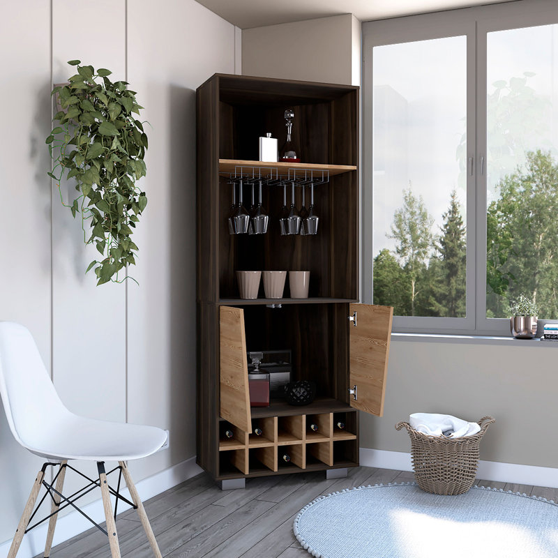Armoire de coin, dix porte-bouteilles encastrés, deux tablettes, porte double