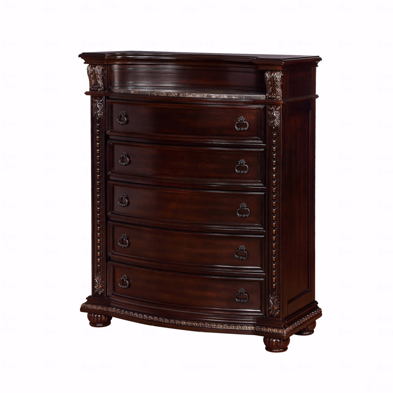 Meuble en bois massif de 1 chambre à coucher avec dessus en marbre à cinq tiroirs avec moulures complexes et silhouette courbée brune