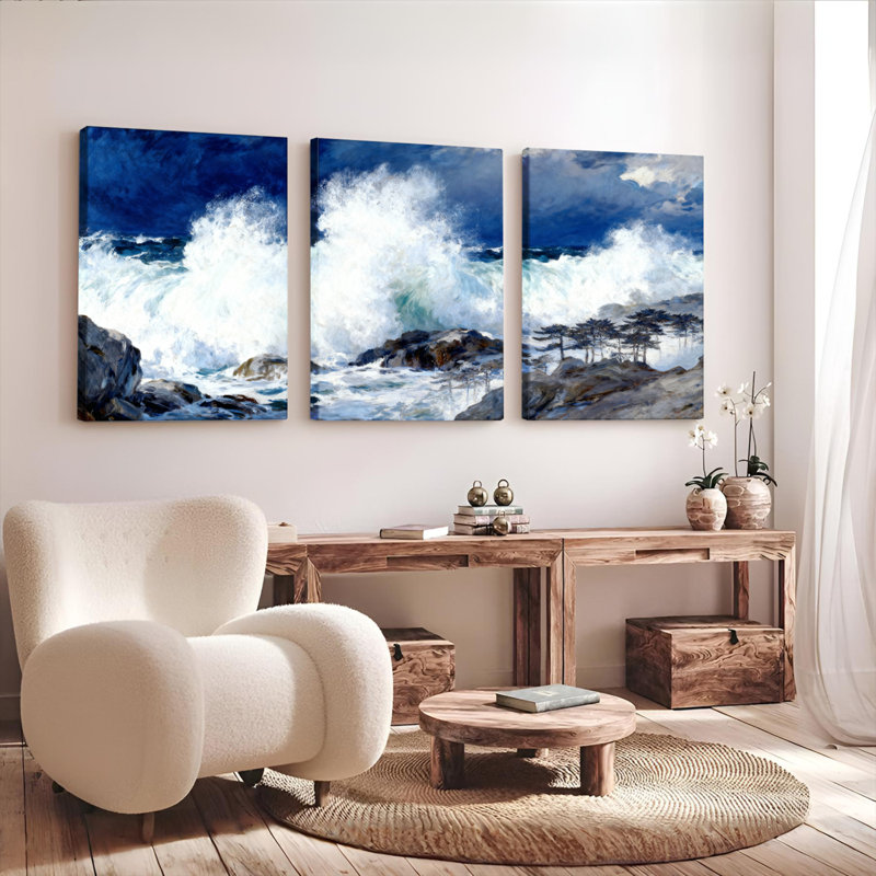 «Ocean Waves and Rocks», reproduction d'art sur toile tendue sur toile (ensemble de 3), H 36 po x l 72 po