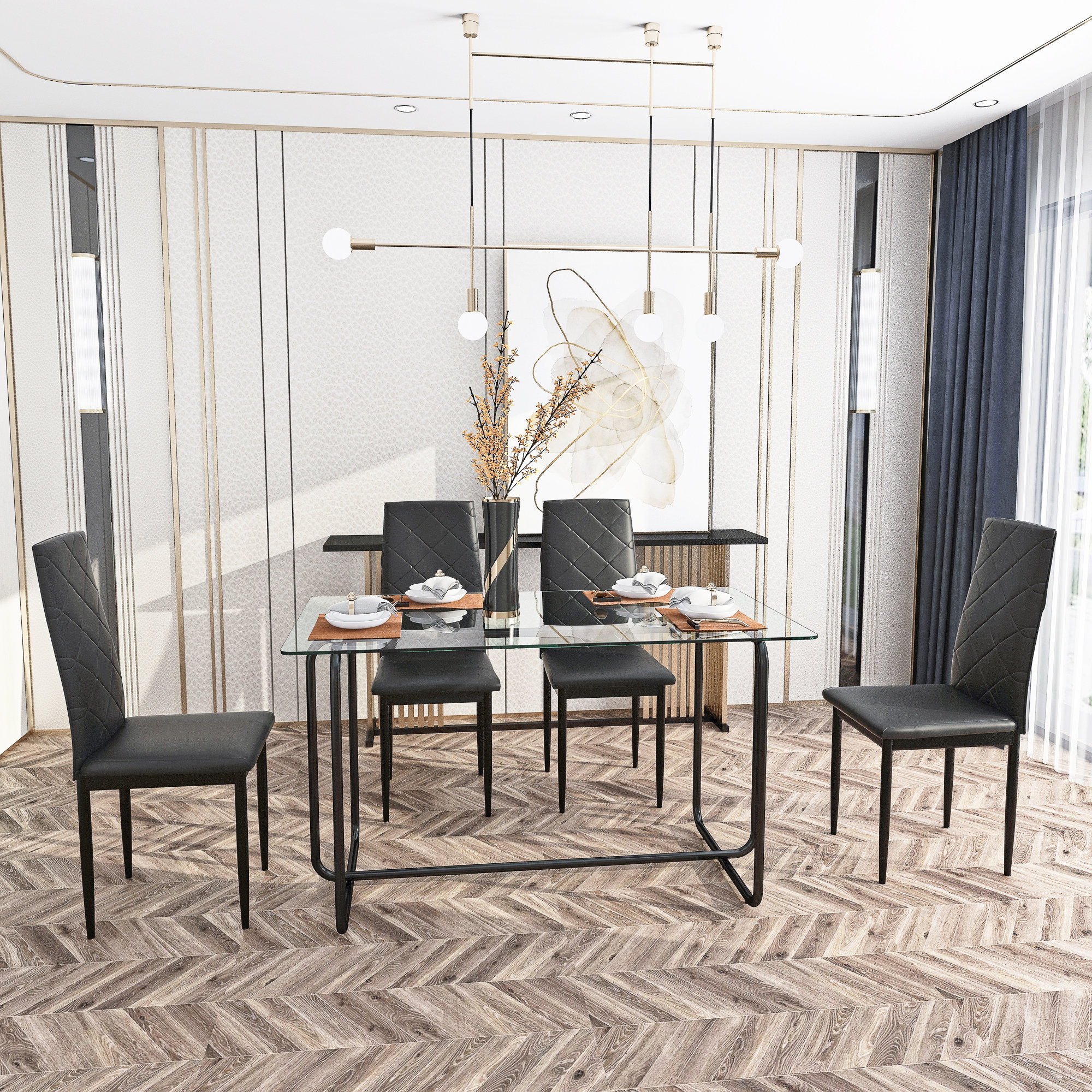 Ivy Bronx Modern 5-piece Glass Dining Table Set With Black Leather ...