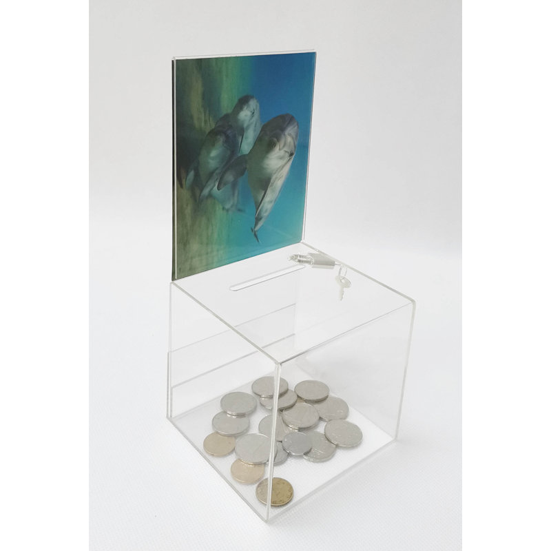 Petite boîte de collecte de fonds carrée en plexiglas transparent offrant une boîte de collecte de fonds 4,25 po x 4,25 po x 9,9 po