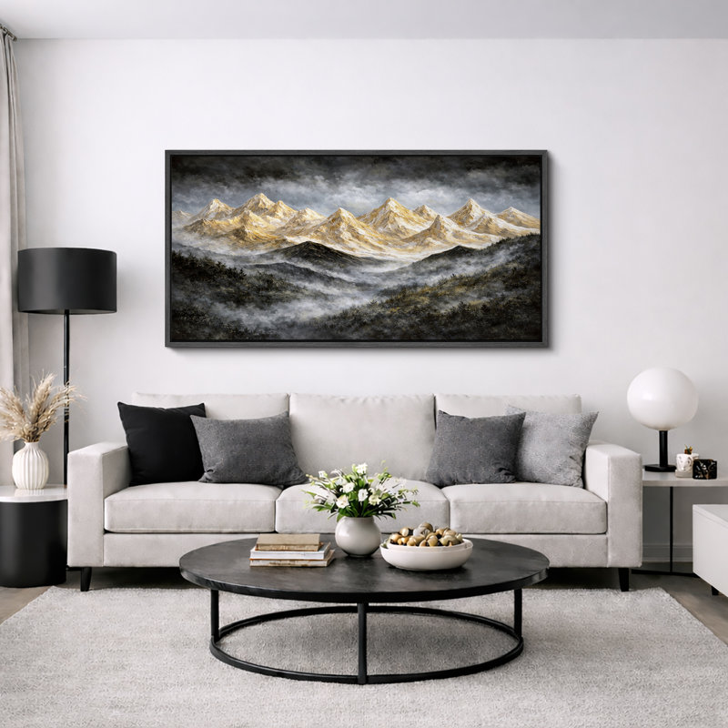 Golden Mountain Range, ciel dramatique, paysage, décoration murale pour salon, très grandes photos, impression sur toile encadrée