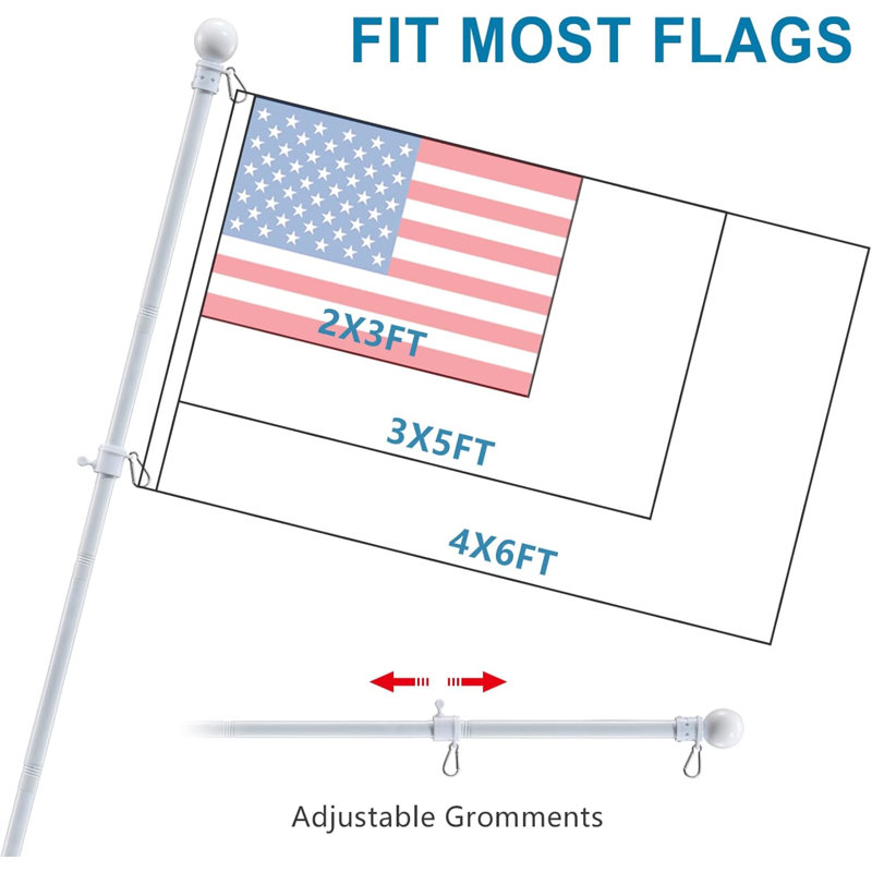 Support de drapeau extérieur - Ensemble de mât de drapeau en métal robuste de 1,8 m, mât rotatif anti-nœuds pour la décoration extérieure de votre porche ou maison - Blanc