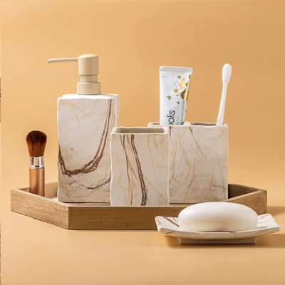 Marble Brown Ceramic Bathroom Accessory Set (4-Piece Retro) - Soap Dispenser & Toothbrush Holder
