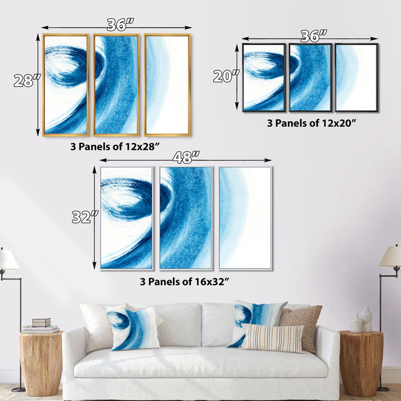 «Blue Brush Strokes On White», ensemble d'art mural sur toile moderne encadré de 3, H 28 po x l 36 po x P 1 po, Or