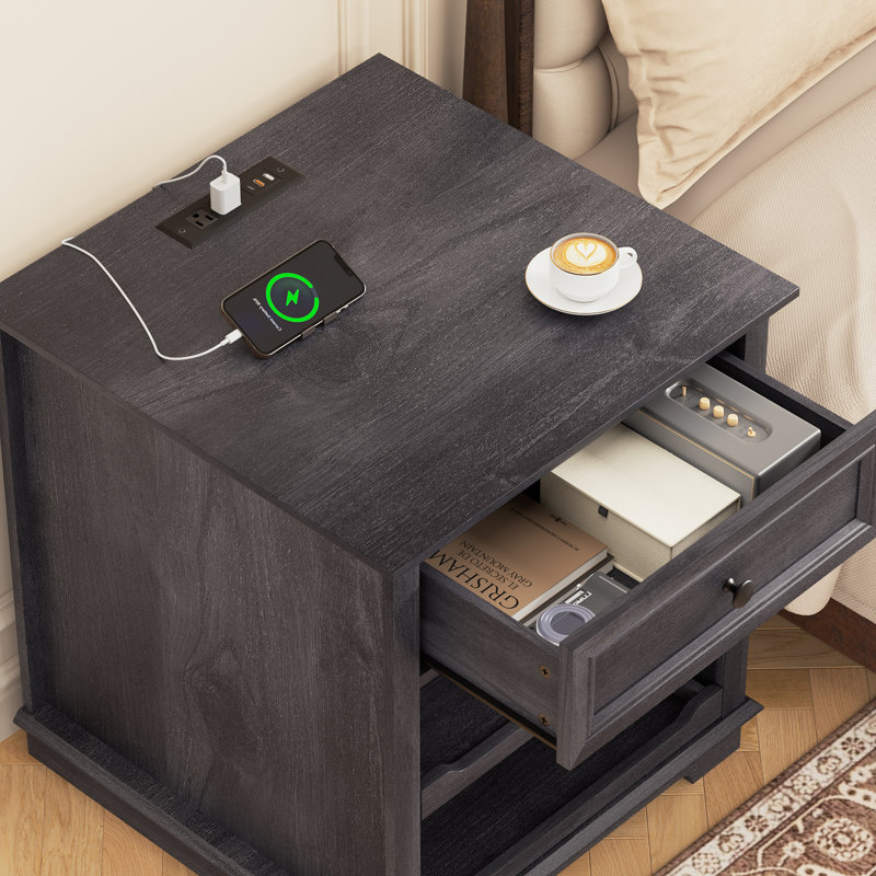 1 Drawer Sets Nightstands with Storage Tray and Built-in Charging Station, Black