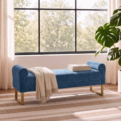Banc de repose-pieds 65 po, banc en chenille pour chambre à coucher, banc de bout de lit rembourré et pieds dorés, bancs de chambre à coucher avec accoudoirs pour fenêtre de salon et entrée