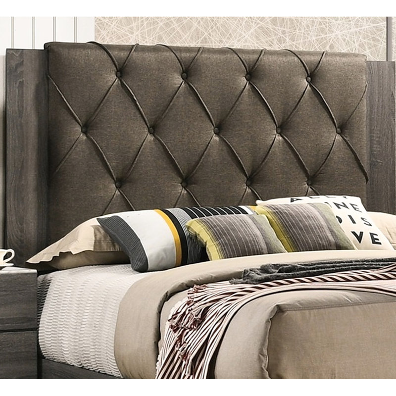 Lit pour chambre à coucher avec tête de lit design, couleur grise, structure en bois d'hévéa pour la chambre à coucher, finition,