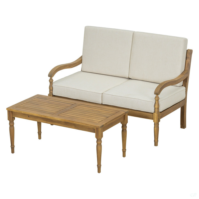 Ensemble de conversation avec canapé 2 pièces et coussins, ensemble de conversation d'extérieur en bois d'acacia