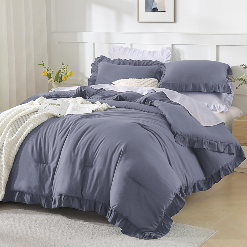 Andency Dark Blue Grey King Size Comforter Set, 3 Pieces Solid Farmhouse Bedding Comforters & Sets, All Season Western Rustic Soft Down Alternative Bed Set for Adult Men Women