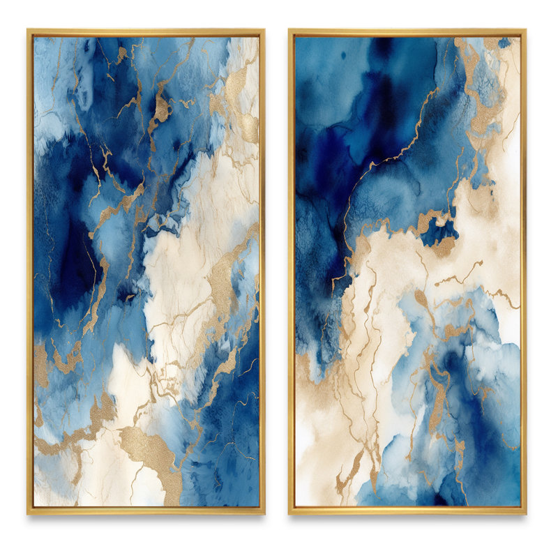 Bleu et or marbré nuages - ensemble d'art mural de 2 - fractales, impression d'art mural pour la décoration de bureau