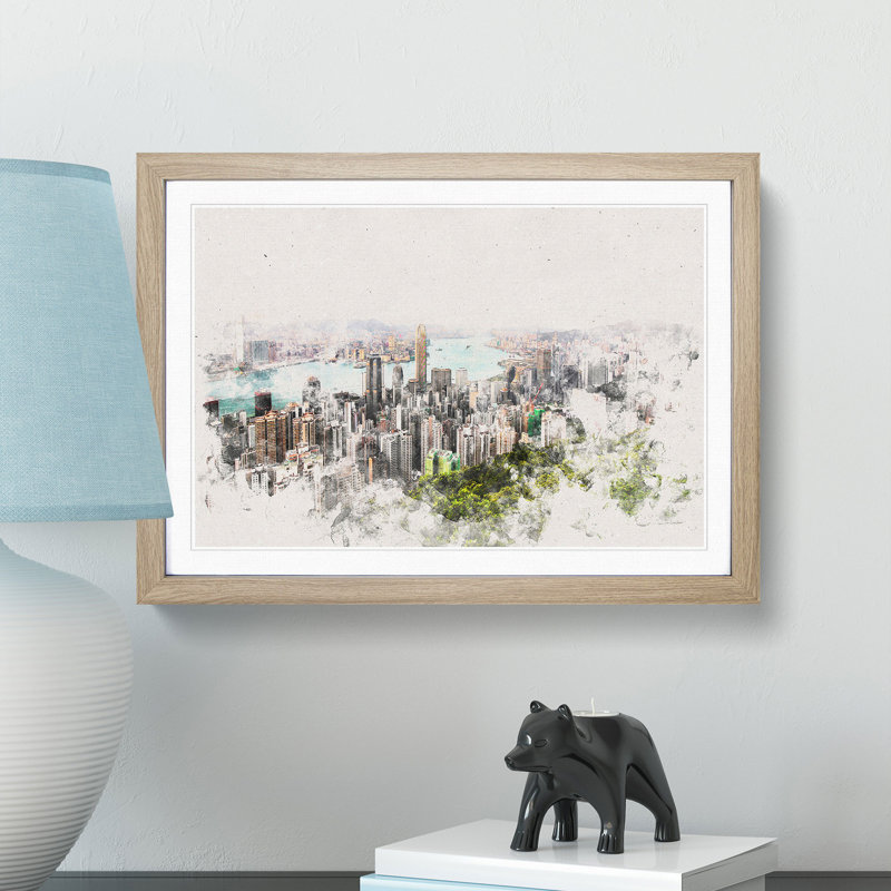 Hong Kong Skyline - Picture Frame Painting Print, 45cm H x 63cm W x 2cm D, Oak Framed