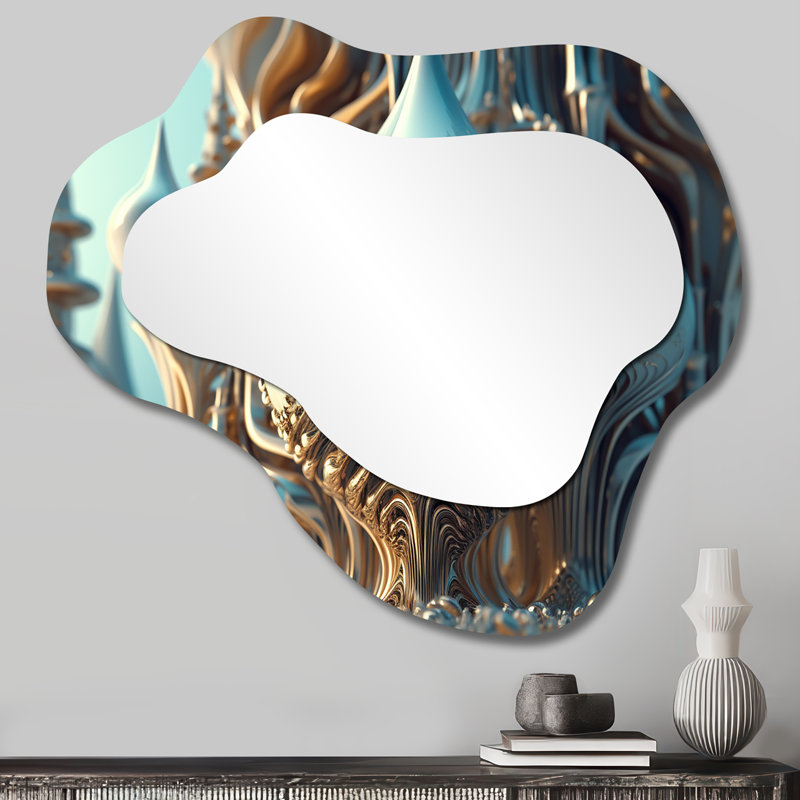 Fractal Turquoise Cosmic Architecture - Grand miroir mural asymétrique moderne Fractals, 25 po x 28 po