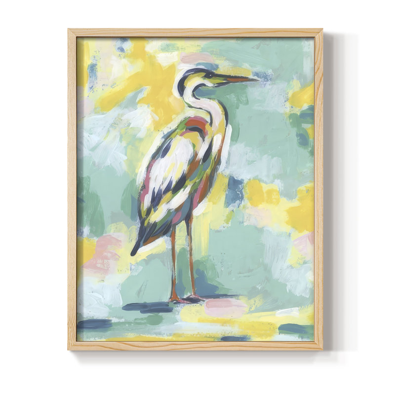 Bright Heron Fresco I, reproduction encadrée - bois massif, H 30 po x l 24 po, Naturel