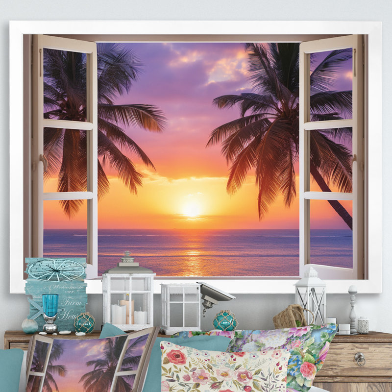 «Tropical Ocean Sunset Through Open White Window», reproduction sur toile côtière, Cadre photo blanc