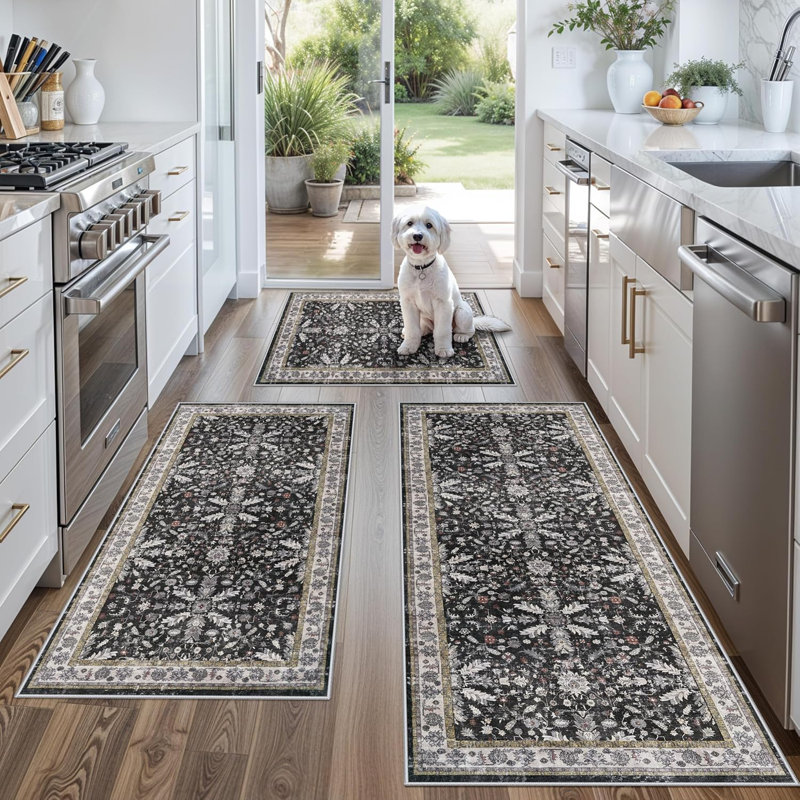 Boho Washable Kitchen Rug Set of 3, Black