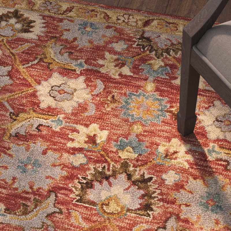 Tapis rouge en laine crocheté à la main Asan, Rectangle 3 pi 6 po x 5 pi 6 po