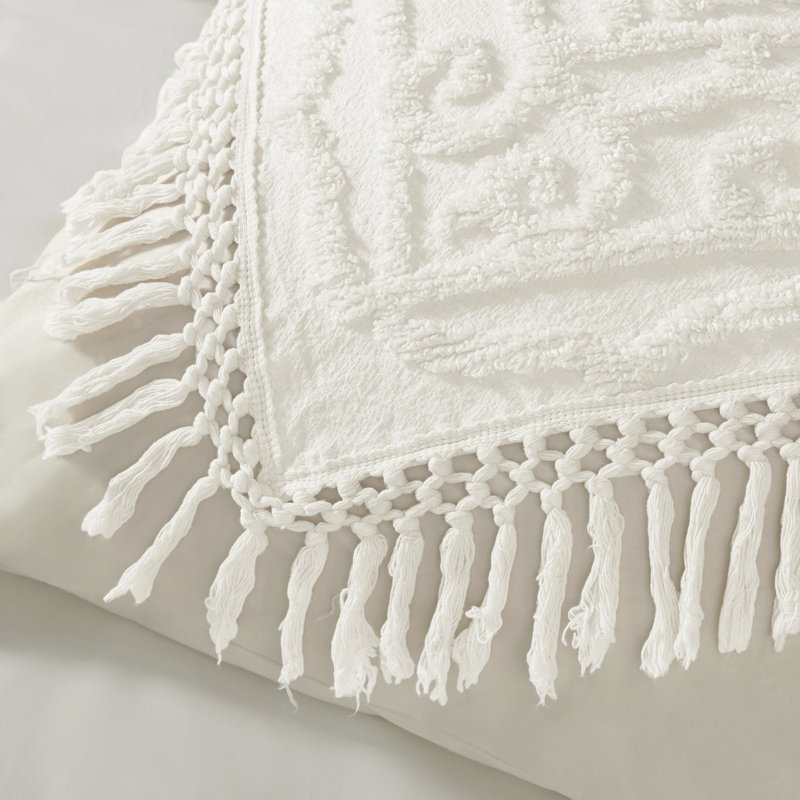 Laetitia Tufted Chenille Cotton Medallion Fringe Coverlet Set, Off White, King Coverlet + 2 King Shams
