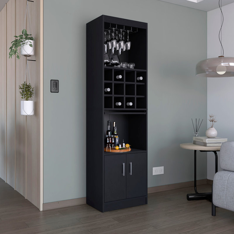 Armoire de bar moderne 71 pouces à 5 niveaux avec porte-verres à vin, armoire à vin, armoire à vin, 12 casiers à bouteilles, 5 tablettes et plateau coulissant