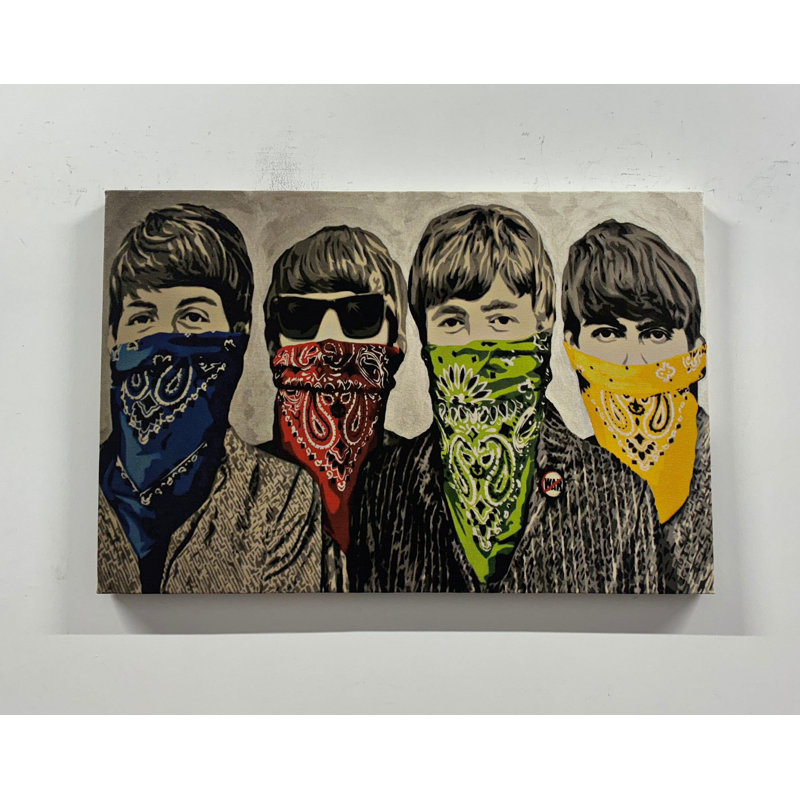«Banksy Inspired Beatles», peinture d'art de graffiti sur toile, H 43 po x l 63 po, Toile tendue, Ne s’applique pas