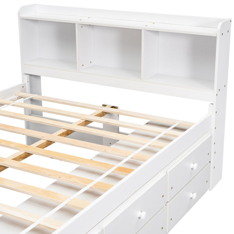Lit blanc avec tête de lit bibliothèque, rangement sous le lit et rangement pour tête de lit double, sous le lit, Blanc